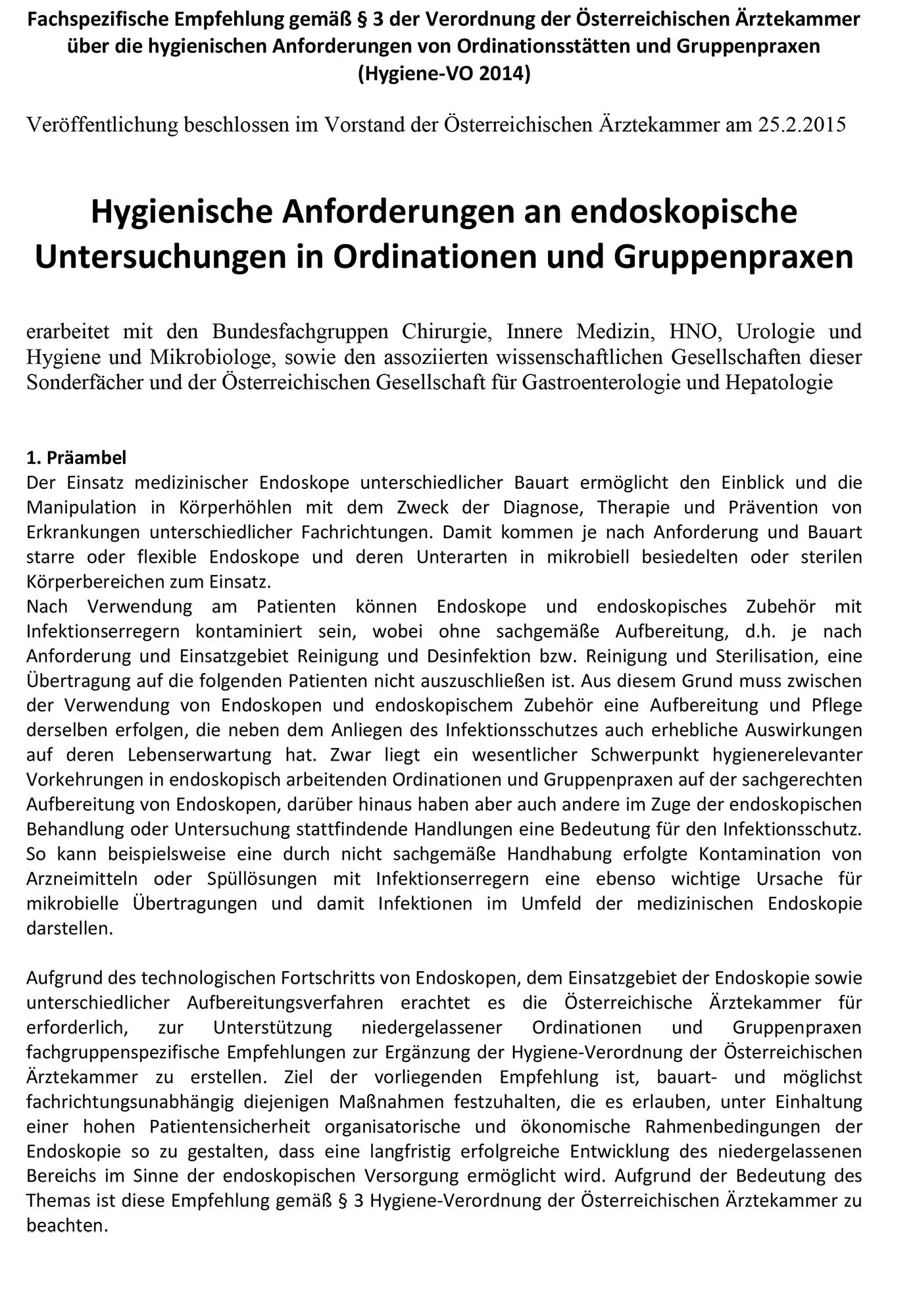 Hygienischen Anforderungen an endoskopische Untersuchungen in Ordinationen