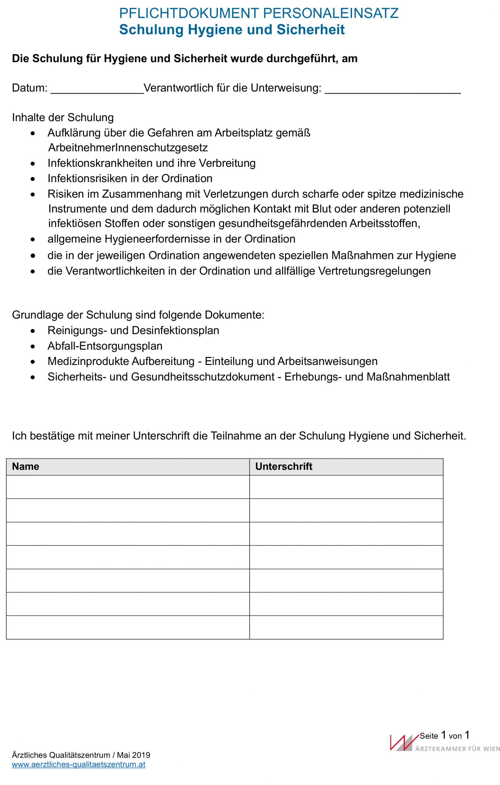 Schulung Hygiene und Sicherheit